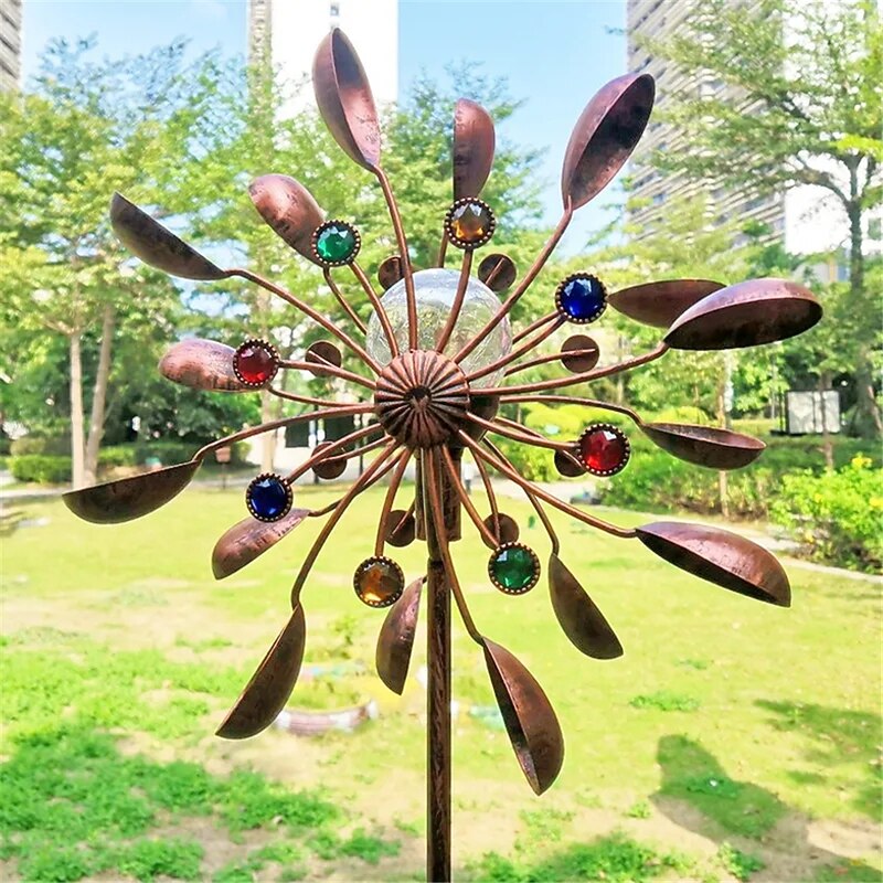 Garden Sunflower Solar LED Lights Glass Ball Bronze Iron Double-Sided Rotating Ornaments Windmill Yard Outdoor Decor3