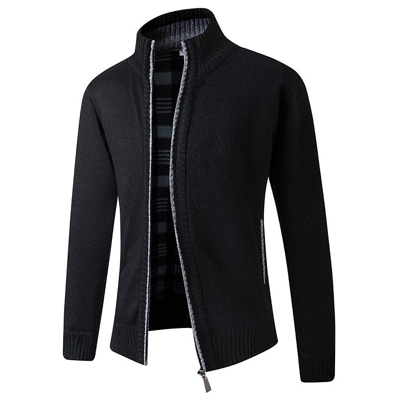 Men's Cardigan Sweater Zip Sweater Ribbed Knit Regular Pocket Knitted Plain Stand Collar Warm Ups Modern Contemporary Daily Wear Going out Clothing Apparel Winter Wine Red Black S M L4