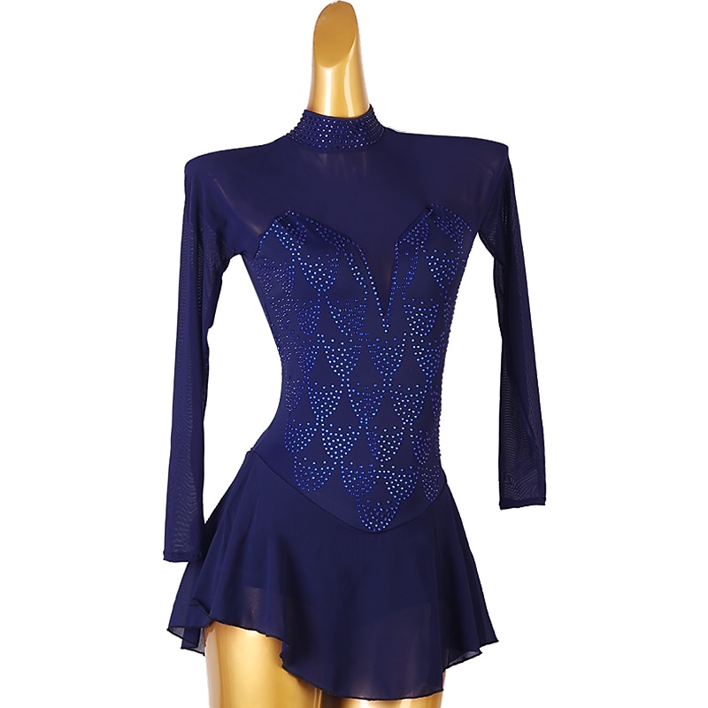 Figure Skating Dress Women's Girls' Ice Skating Dress Dark Navy Patchwork Open Back Mesh High Elasticity Training Competition Skating Wear Classic Long Sleeve Ice Skating Figure Skating3