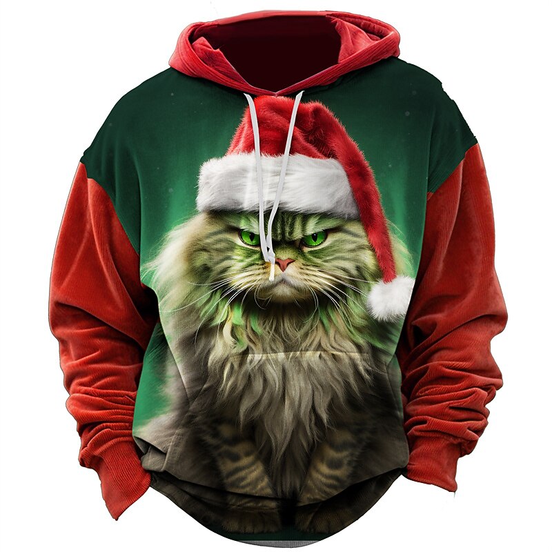 Christmas Men's Christmas animal 3D Hoodies Santa'S Cat Graphic Prints Daily Classic Casual 3D Pullover Holiday Going Out Hoodies Red Dark Green Hooded Spring & Wearing Hat Cotton2