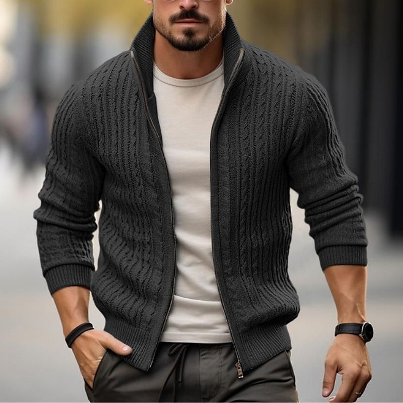 Men's Sweater Cardigan Sweater Cardigan Zip Sweater Cropped Sweater Ribbed Knit Regular Knitted Plain Stand Collar Warm Ups Modern Contemporary Daily Wear Going out Clothing Apparel Winter Black Gray2