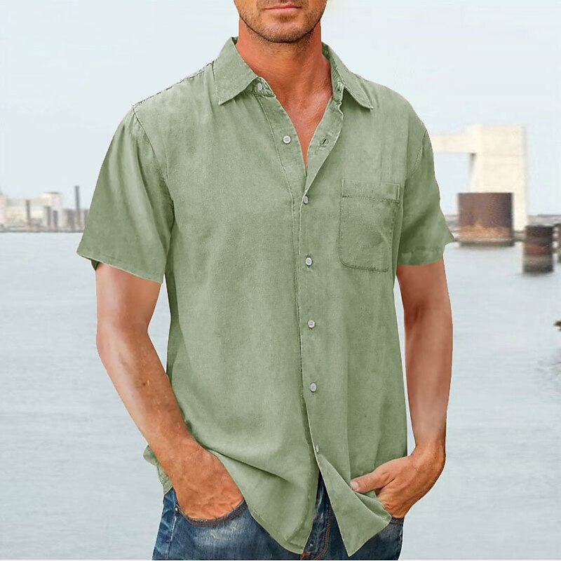 Men's Shirt Summer Shirt Casual Shirt Button Up Shirt Black khaki Army Green Dark Blue Short Sleeve Plain Lapel Vacation Daily Front Pocket Clothing Apparel Polyester Fashion Casual Comfortable3