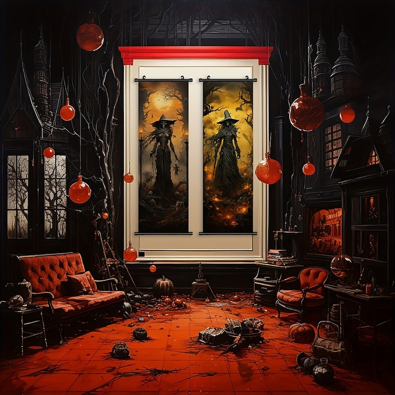 1pc Halloween Poster with Hangers Courtyard Skeleton Ghost Pumpkin Bat Party Witch Painting Lantern Enchantress Wall Art Canvas Posters Art For Home Living Room Decoration Wall Art Decor4