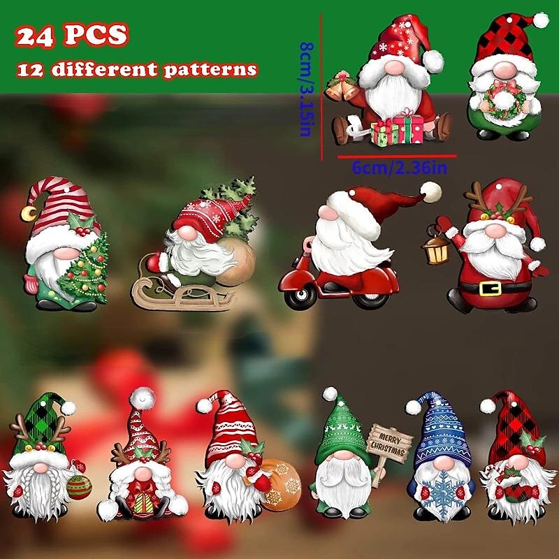 24pcs/set, Christmas Dwarf Wooden Hanging Ornaments, Christmas Tree Decoration Dwarf Santa Claus Doll Wooden Hanging Christmas Card Car Accessories2