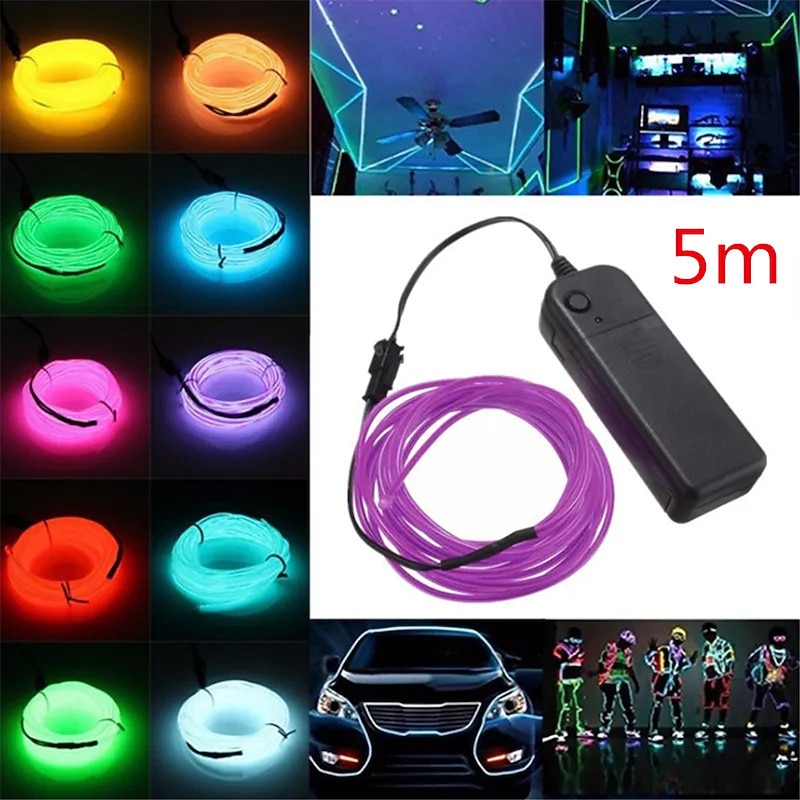 5m LED EL Wire Light Strip Battery Neon Glowing String Lights Carnival DIY Rope Tube Glow In the Dark Halloween Blacklight Christmas Car Multicolor Dance Party Decor3