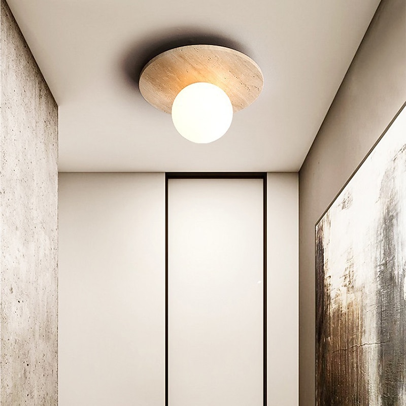 Shallow Bowl Shape Ceiling Light Fixture, Minimalist Stone Glass Semi Flush Mount Light with 1 Bulb for Hallway 110-240V2