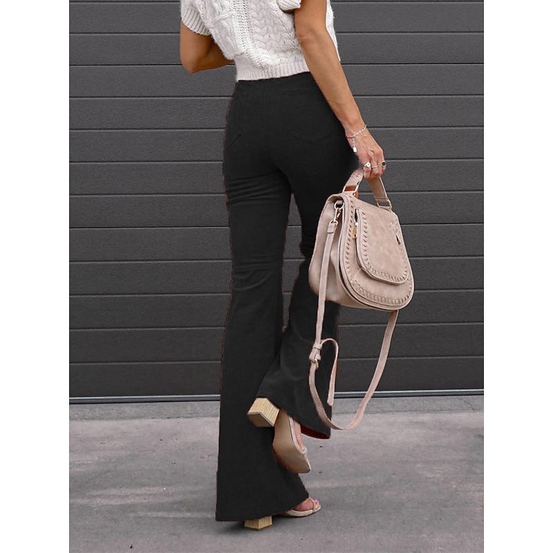 Women's Bell Corduroy Flare Pants Bottom Trousers Full Length Pocket High Waist Fashion Streetwear Xmas Wine Black S M Winter Autumn Fall4