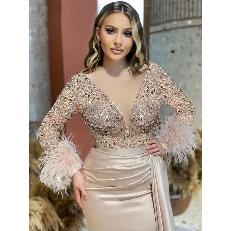 Mermaid Evening Gown Elegant Dress Formal Wedding Court Train Long Sleeve V Neck Satin with Feather Glitter Ruched Masquerade Dress2