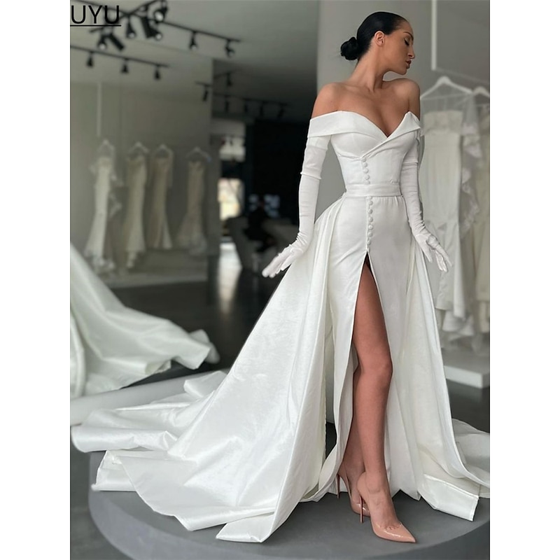 A-Line Black Evening Gown Elegant Dress Formal Court Train Long Sleeve Off Shoulder Satin with Buttons Pleats Slit Masquerade Dress3