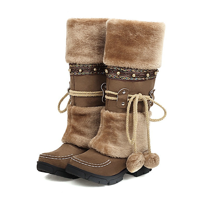 Women's Winter Faux Fur Boots with Decorative Pom-Poms and Beaded Trim - Perfect for Cold Weather and Casual Wear4