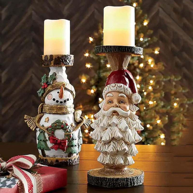 Christmas Resin Candle Holder Christmas Santa Snowman Candlesticks for Pillar Candle Tea Light Functional Table Christmas Decoration for Home Décor Pretty for Women