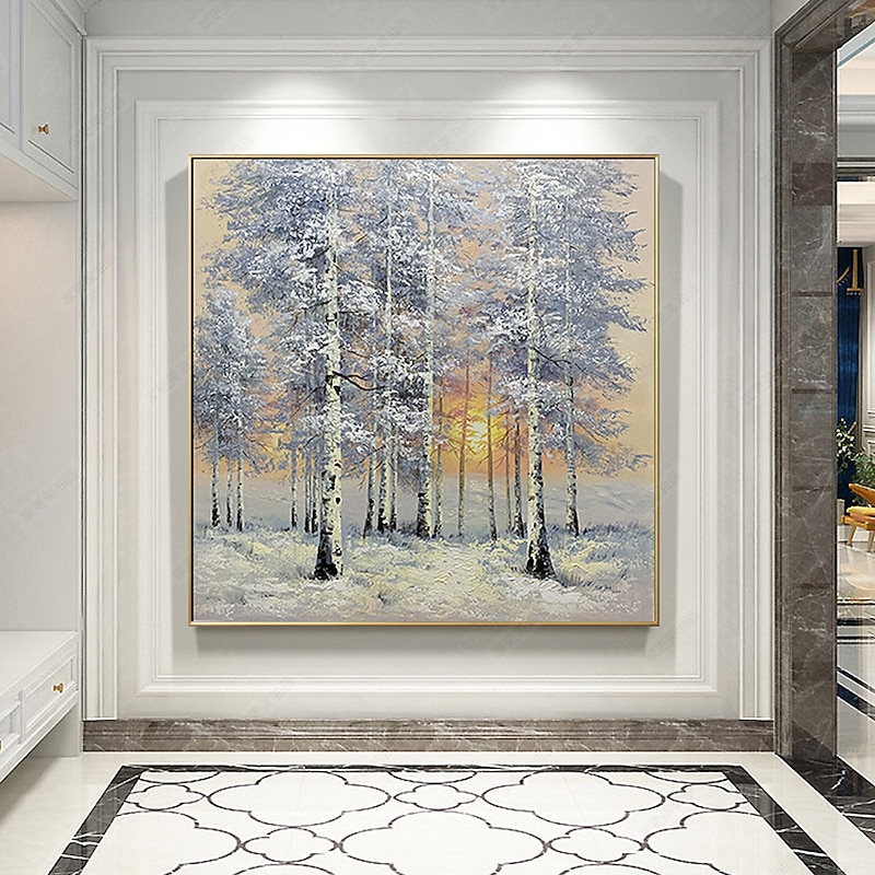 Large Handmade snow scene birch forest oil painting mural art Hand Painted Oil Painting Wall decorative painting landscape painting Home Decoration Decor Rolled Canvas3