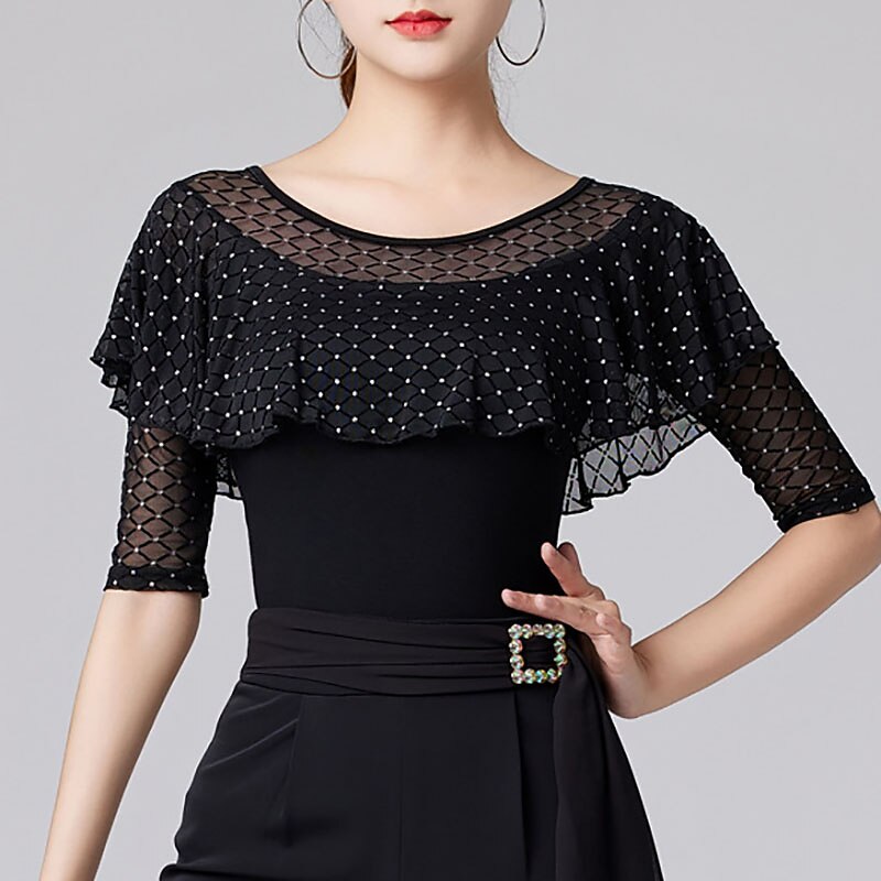 Latin Dance Ballroom Dance Top Printing Ruffles Splicing Women's Performance Training Half Sleeve High Polyester4