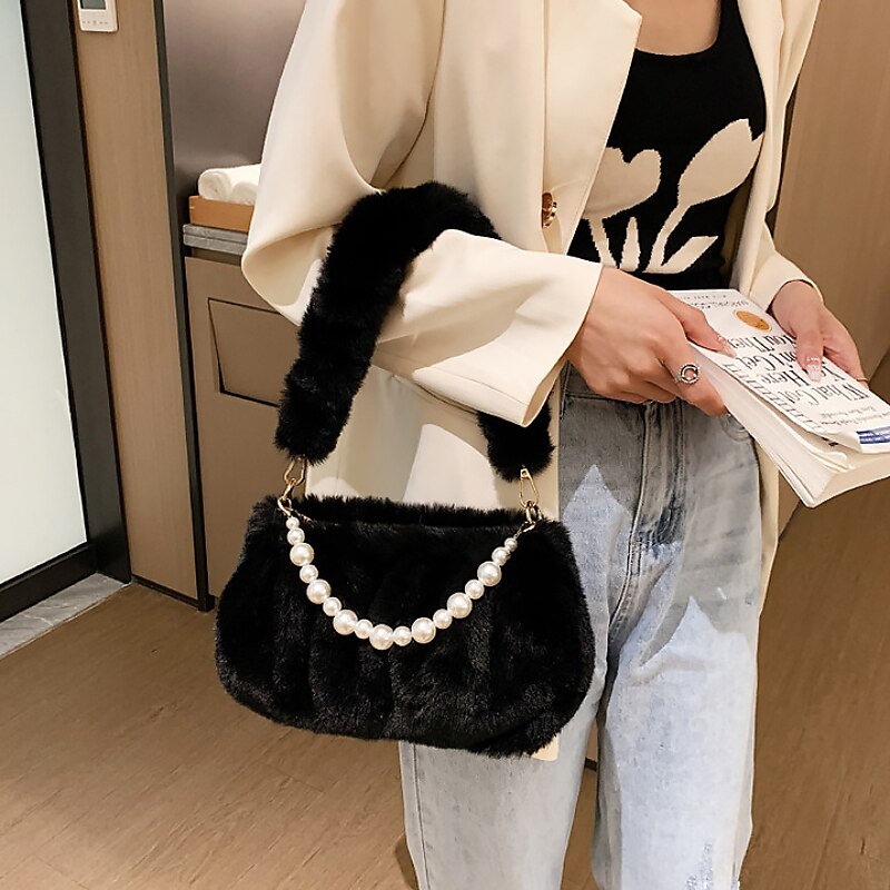 Women's Handbag Shoulder Bag Plush Bag Fluffy Bag Faux Fur Party Valentine's Day Daily Pearls Chain Large Capacity Lightweight Durable Solid Color Black White Pink2