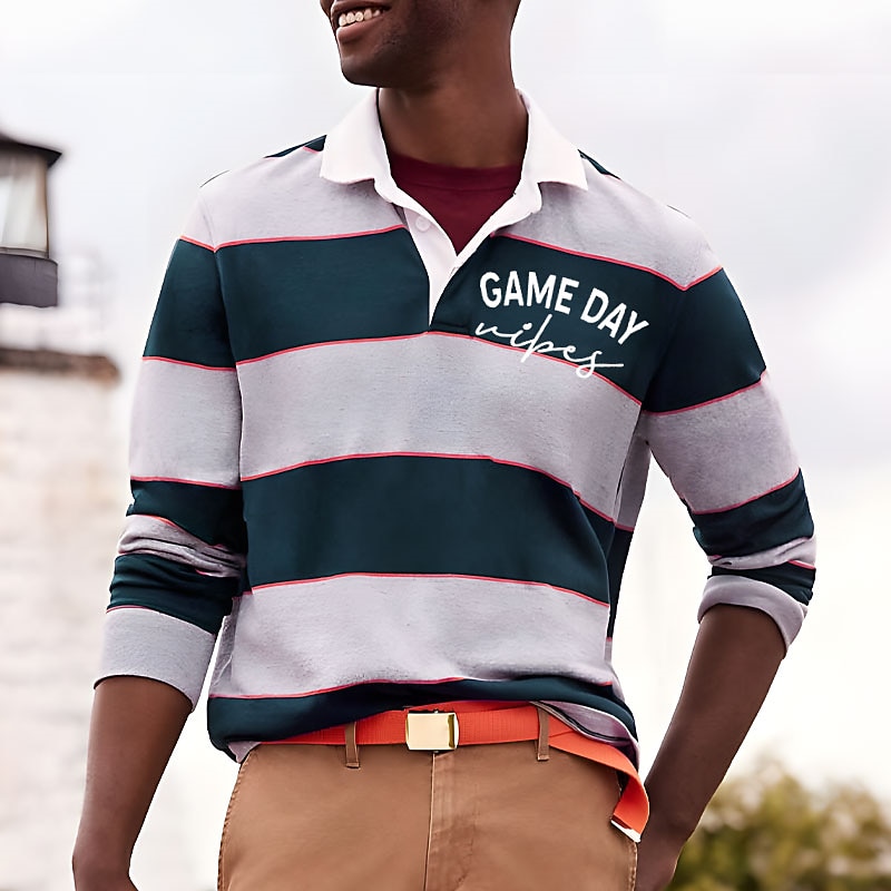 Men's Stripe Letter Rugby Polo Golf Polos Shirts Long Sleeve Polo Shirts Turndown Casual Outdoor Casual Daily Streetwear 3D Print Fall & Winter Black Dark Navy Blue
