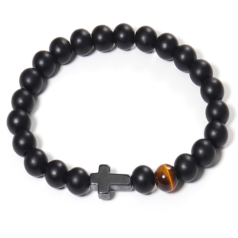 New Frosted Black Beaded Bracelet Tiger Eye Stone Small Cross Pendant Bracelet Obsidian Cross Bracelet2