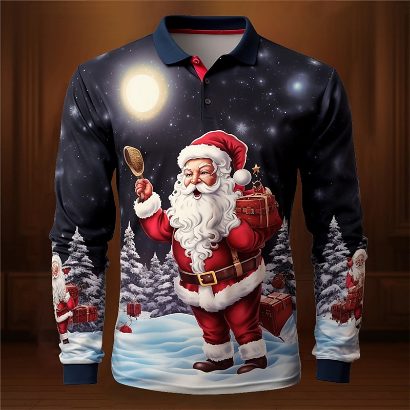 Christmas Men's Santa Claus 3D Polo Santa Claus Elk Casual Print 3D Golf Outdoor Casual Daily Streetwear Polyester Long Sleeve Turndown Shirts Navy Blue Ocean Blue Fall & Winter S M L Micro-elastic