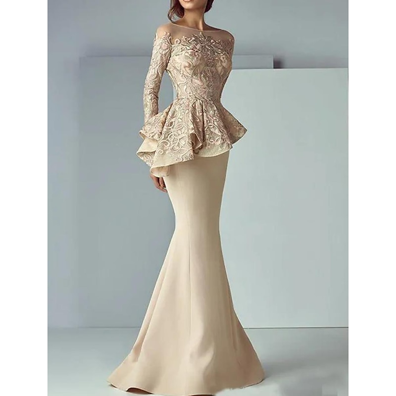 Mermaid Mother of the Bride Dress Formal Wedding Guest Elegant Scoop Neck Floor Length Lace Stretch Fabric Long Sleeve with Ruffles Appliques 2025 fre