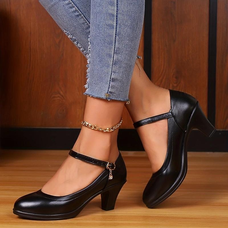 Women's Black Faux Leather Mary Jane Pumps - Mid Heel Comfort Shoes with Adjustable Strap for Office or Casual Wear