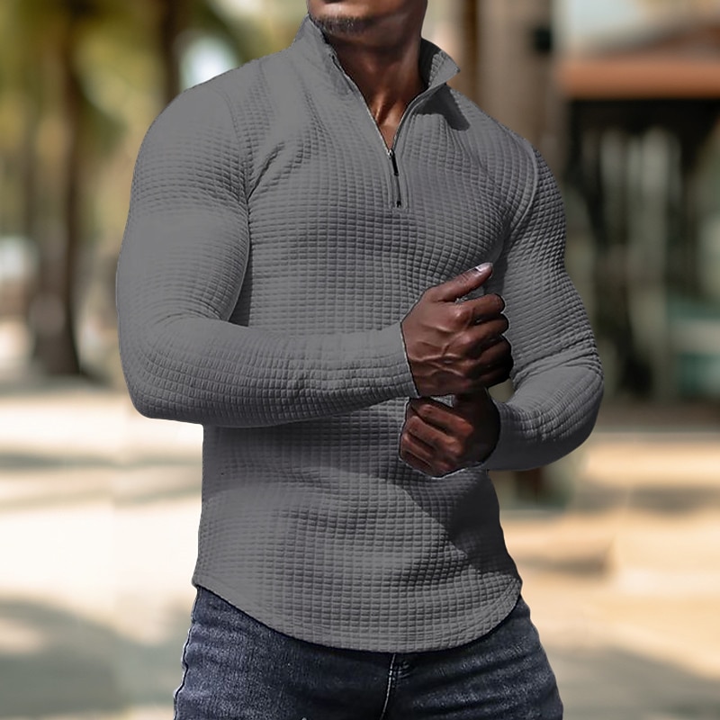 Men's Waffle Tee Waffle Shirt Zip Half Shirt Tee Top Long Sleeve Standing Collar Spring &  Fall Plain Fashion Designer Basic Zipper Vacation Street Going out Black White khaki Top Tee for Men3