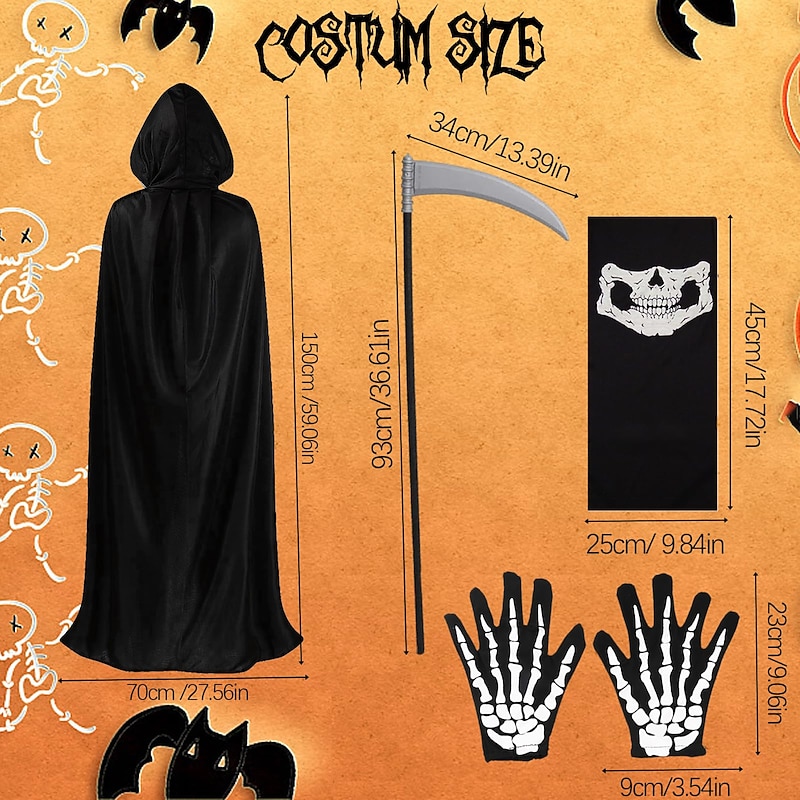 Halloween Grim Reaper Costume Skeleton Skull Outfits 4 PCS Cape with Hood Cloak Plastic Scythe Skull Mask Easy Halloween Costumes Carnival for Men Adults3
