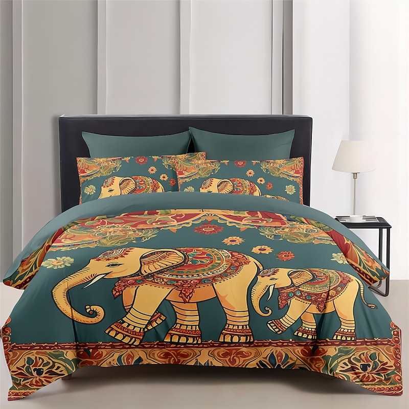 Colorful Elephant Duvet Cover Set Cotton Cotton Bedding Set 2-piece Set 3-piece Lightweight Soft Short Plush Set Native American style Folk Art King Queen Duvet Cover3