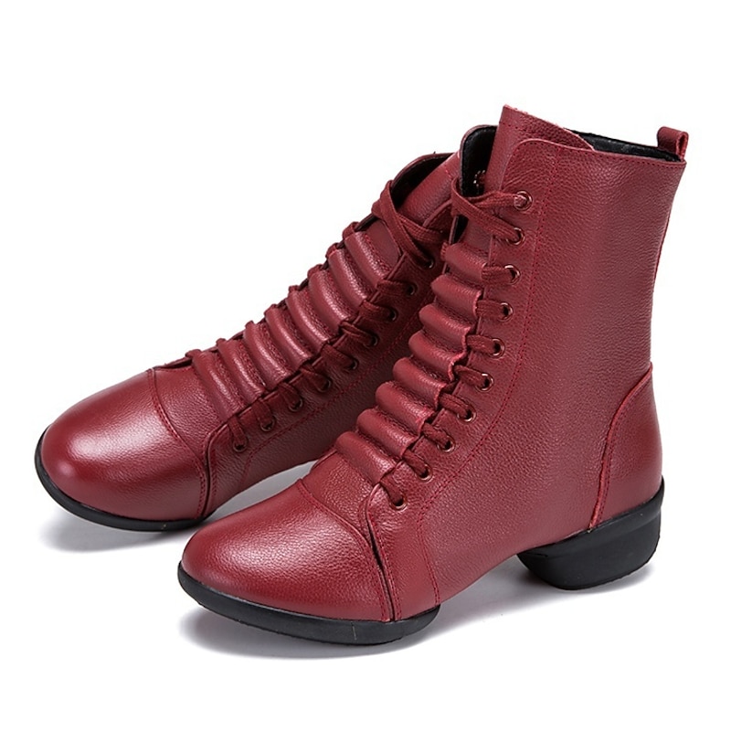 Women's Red Lace-Up Leather Dance Boots with Side Zipper, Comfortable and Stylish for Various Dance Styles, Perfect for Performances and Rehearsals3