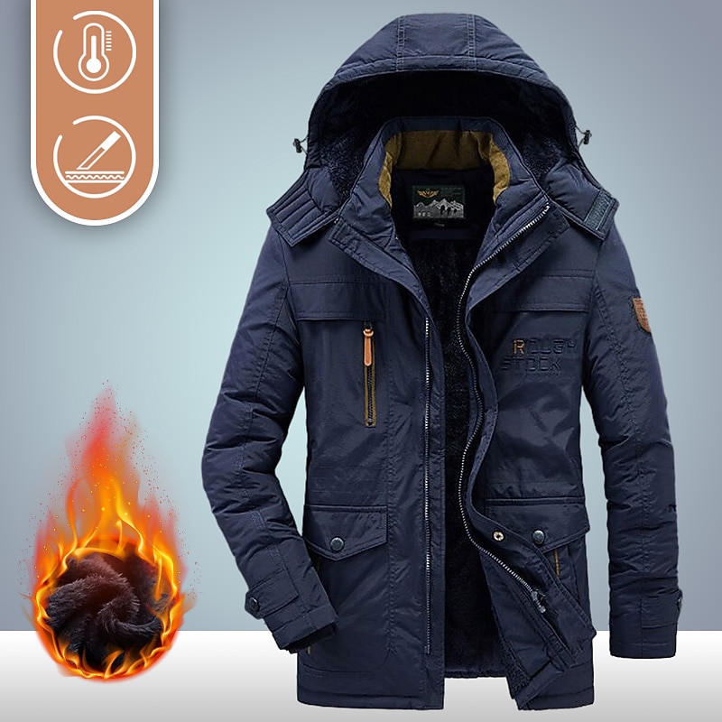Men's Hiking Fleece Jacket Winter Jacket Thick Warm Hooded Parka Military Windbreaker Outdoor Detachable Cap Black Trench Coat Outerwear Hunting Ski Snowboard Camping Caving Army Green Khaki Blue