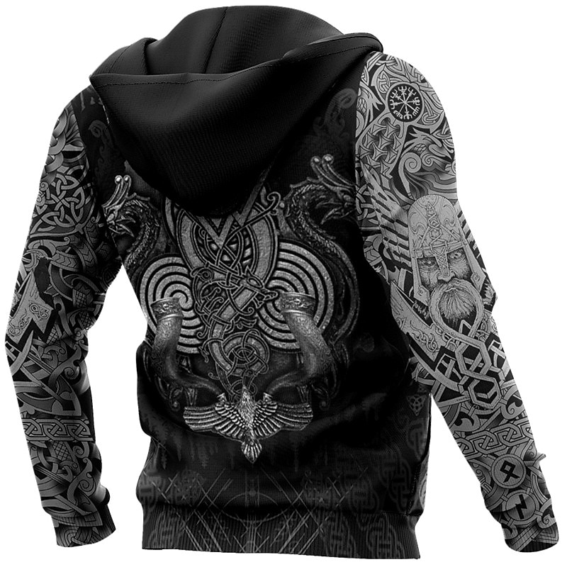 Men's Viking Warrior Graphic Prints Viking Hoodie Hoodies Sweatshirt Daily Classic Long Sleeve Hooded Holiday Going out Streetwear Black Yellow Print Spring &  Fall Designer3