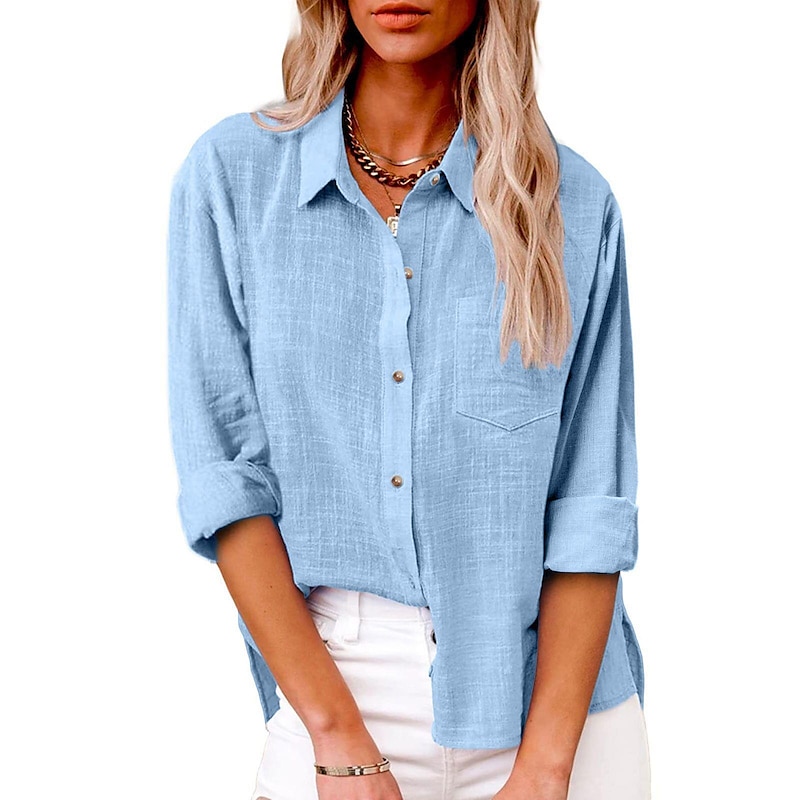 Women's Shirt Cotton Linen Shirts Button Up Blouse Plain Fashion Neon & Bright Long Sleeve Shirt Collar Regular Tops Casual Buttons Pocket Denim Blue Black White Yellow Pink Spring &  Fall4