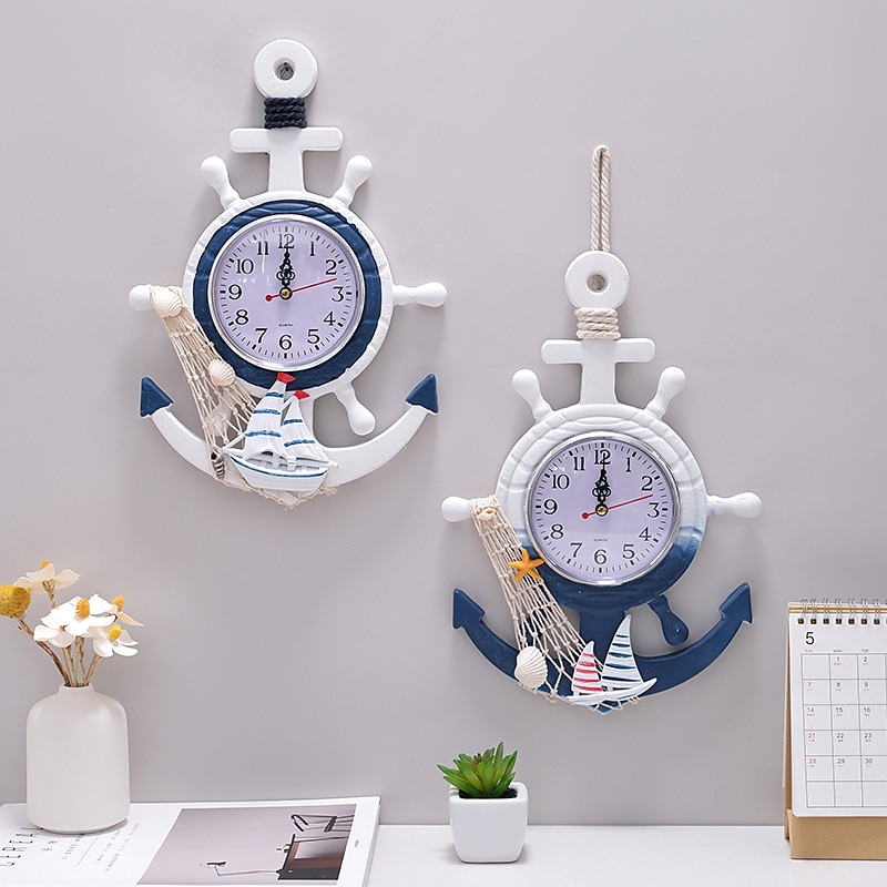 Mediterranean Style Blue and White Rudder Helmsman Anchor Personalized Wall Clock Clock Electronic Watch Decoration Navigation Clock Office Home Ocean Theme Wall Hanging3