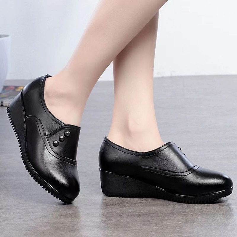 Women's Flats Comfort Shoes Outdoor Daily Solid Color Wedge Heel Round Toe Elegant Casual Comfort Faux Leather Loafer Black4