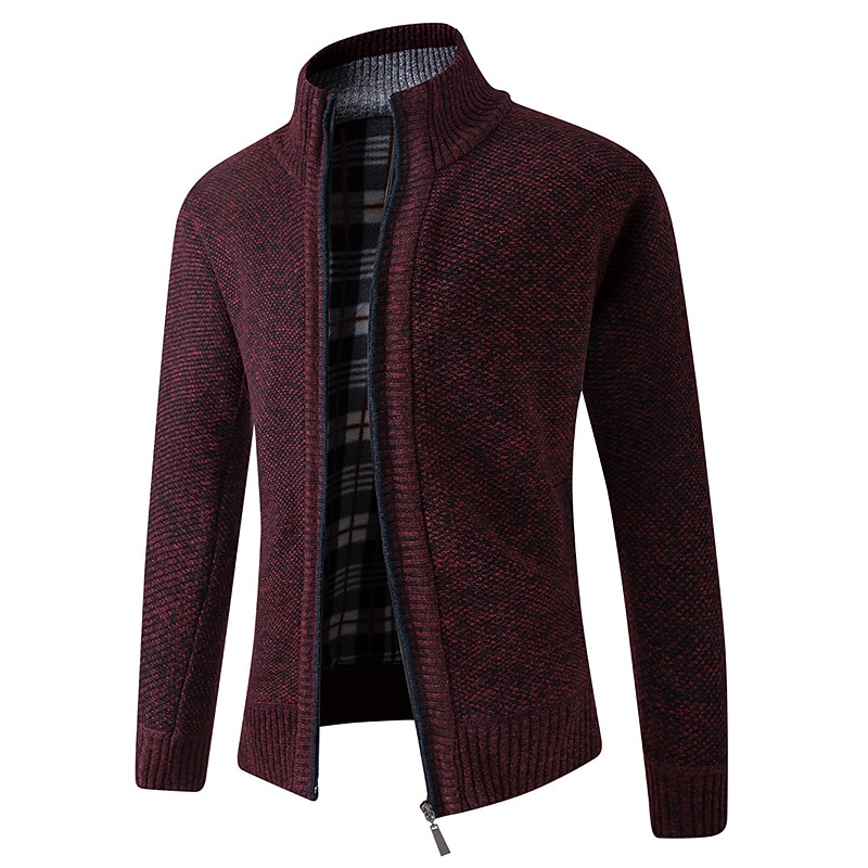 Men's Cardigan Sweater Zip Sweater Ribbed Knit Regular Pocket Knitted Plain Stand Collar Warm Ups Modern Contemporary Daily Wear Going out Clothing Apparel Winter Wine Red Black S M L3