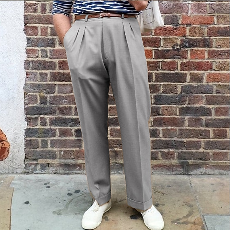 Men's Trousers Dress Pants Chinos Slacks Pleated Pants Pocket Plain Comfort Soft Outdoor Daily Going out Fashion Casual Brown Khaki2