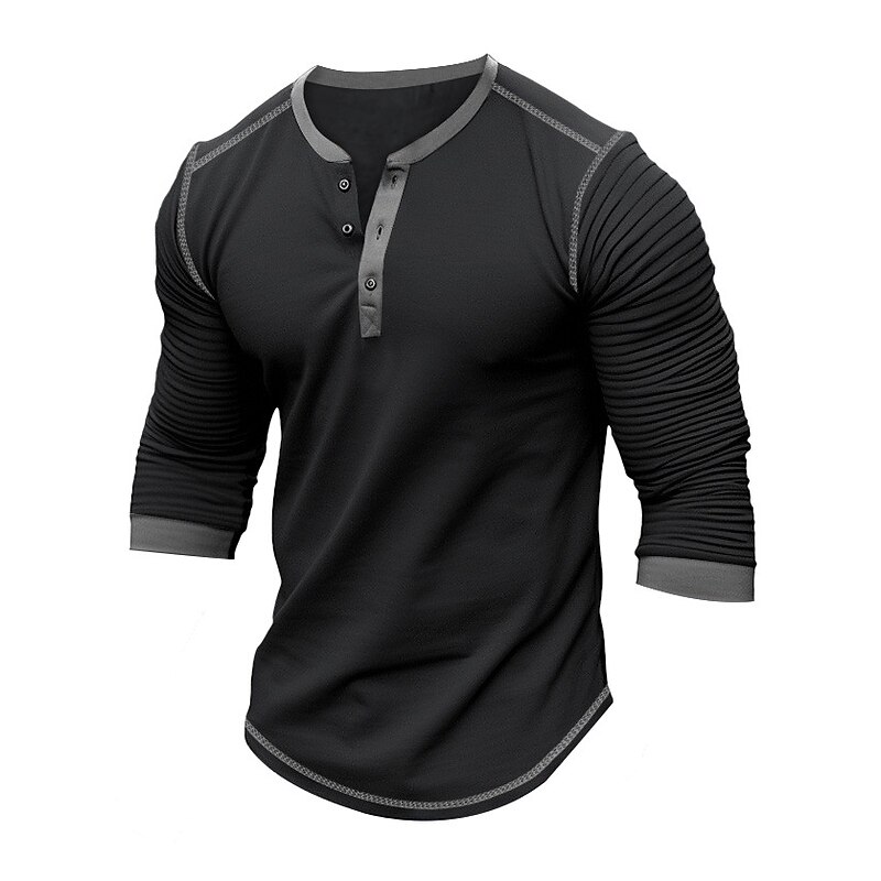 Men's Button T Shirt T Shirt Henley Shirt Tee Top Long Sleeve Henley Spring &  Fall Slim Pleated Raglan Sleeve Fashion Designer Basic Patchwork Vacation Street Going out Black Navy Blue Brown Top Tee4