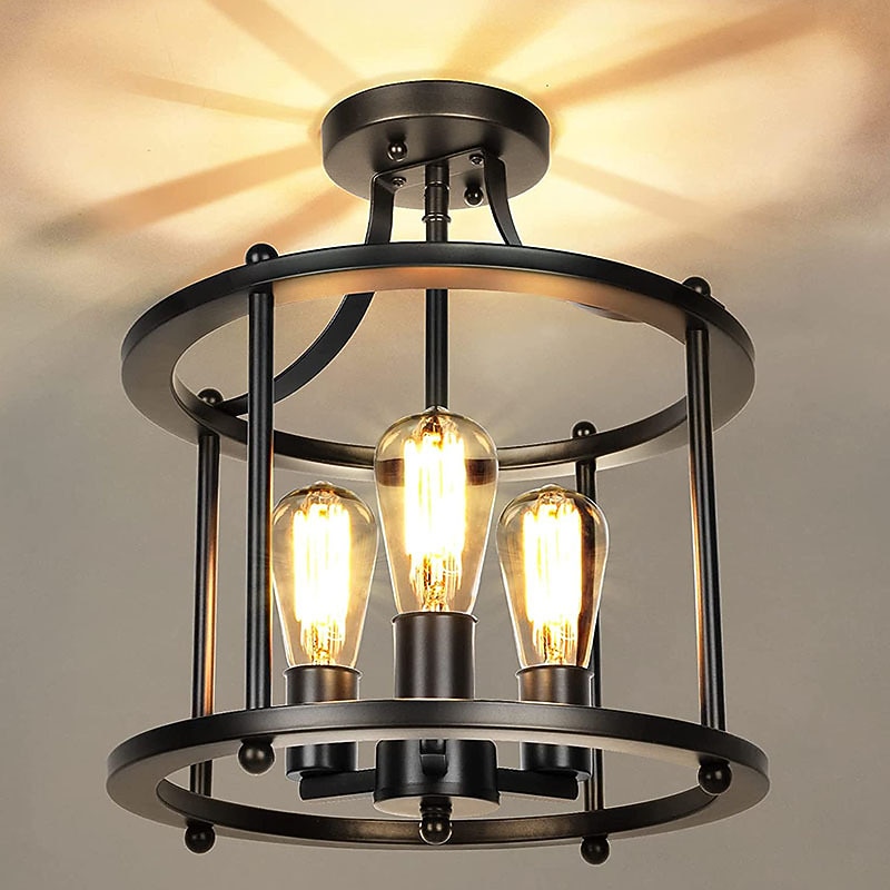 Modern Black Semi Flush Ceiling Light Fixture, 3 Light Traditional Pendant Light, Rustic Ceiling Light for Bedroom Living Room Dining Hall Hallway Kitchen 110-240V3