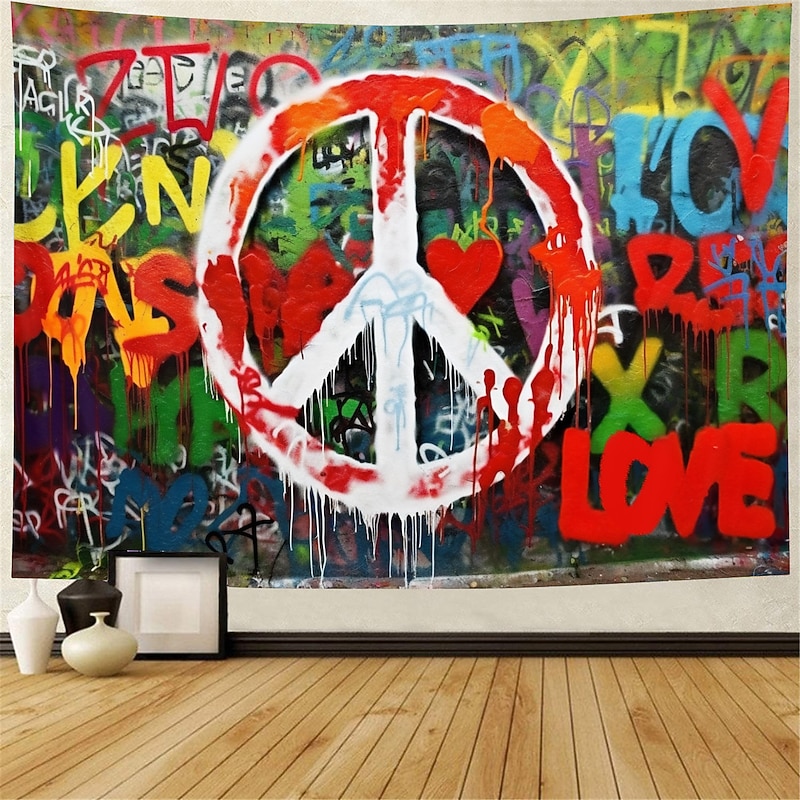 Hippie Groovy Hanging Tapestry Wall Art Large Tapestry Mural Decor Photograph Backdrop Blanket Curtain Home Bedroom Living Room Decoration Peaceful Love 1950s 1960s Music Festival Woodstock Party4