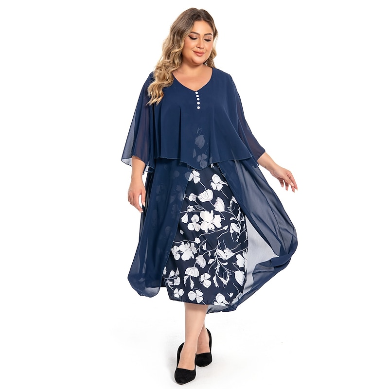 Women's Plus Size Curve Work Dress Floral V Neck Ruched 3/4 Length Sleeve Spring Summer Work Elegant Midi Dress  Layered Formal Vacation Dress2