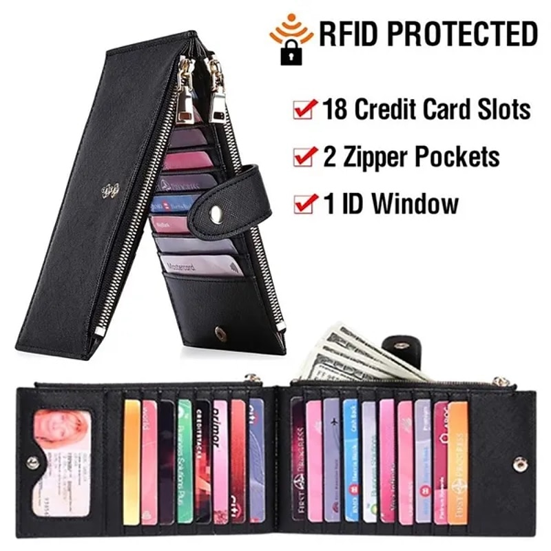 RFID Blocking Bifold Purse Credit Card Holder PU Leather Billfold Card Holder Wallet Double Zipper Hasp Card Purse