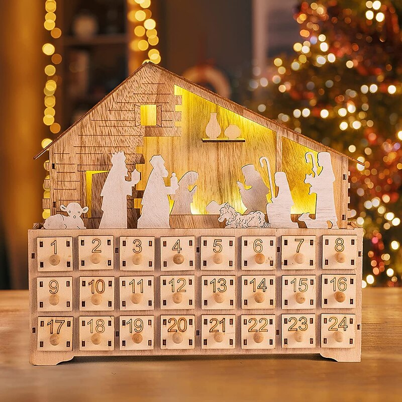 Christmas Wooden Advent Calendar House with 24 Drawers, Led Lights,Advent Calendar Ornament, Exquisite Interesting Christmas Advent Calenda for Holiday Decoration