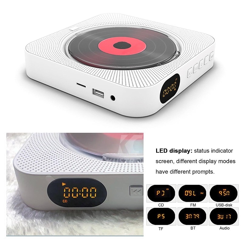 KC-909 Portable CD Player Built-in Speaker Stereo CD Players with Double 3.5mm Headphones Jack LED Screen Wall Mountable CD Music Player with IR Remote Control Supports CD/BT/FM/TF Card/AUX3