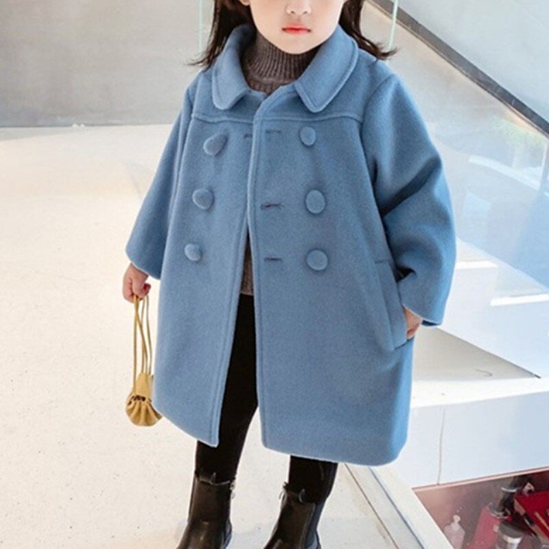 Kids Girls' Woolen Coat Long Sleeve Blue Beige Solid Color Fall Winter Active School 3-7 Years