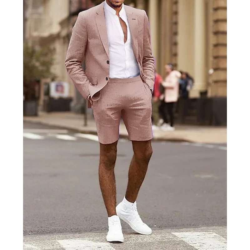 Men's Homecoming Linen Linen Suits Notch Dusty Rose Purple Solid Colored Tailored Fit 2 Piece Single Breasted Two-buttons