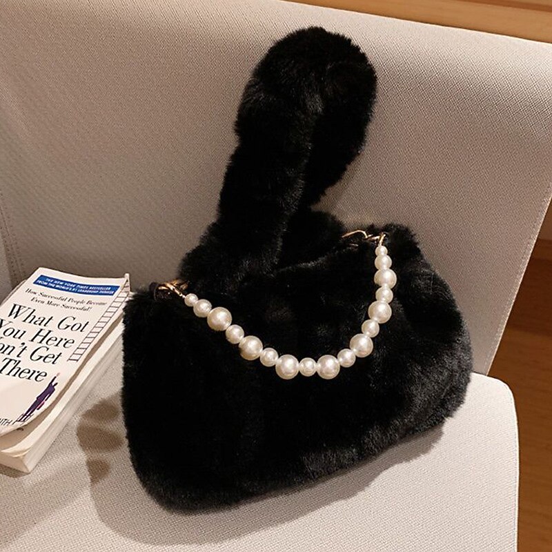 Women's Handbag Shoulder Bag Plush Bag Fluffy Bag Faux Fur Party Valentine's Day Daily Pearls Chain Large Capacity Lightweight Durable Solid Color Black White Pink4