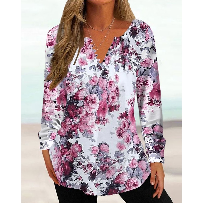 Women's Tunic Shirt Henley Shirt Blouse Tunic Basic Floral Buttons Print Long Sleeve Regular Tops Round Neck Casual Holiday Blue Fuchsia Brown Khaki Spring Fall Prefall2