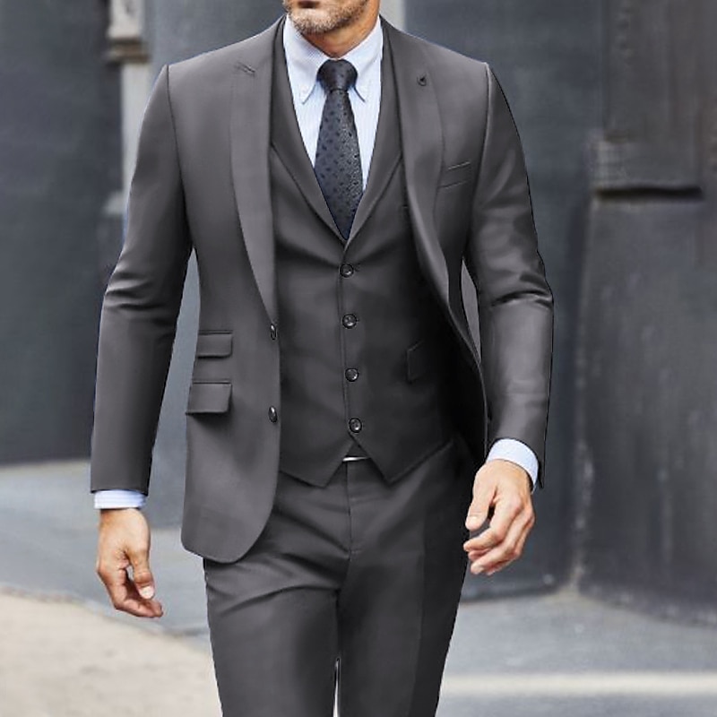 Men's Wedding Suits Notch Dark Blue Dark Gray Solid Colored Tailored Fit 3 Piece Single Breasted Two-buttons2