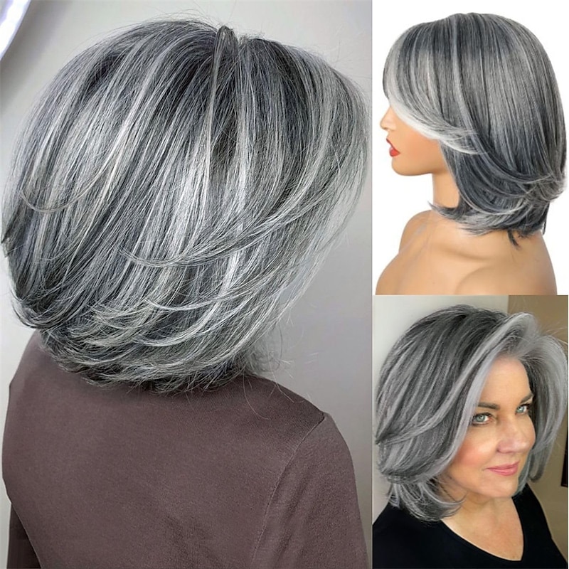 Short Grey Wig With Curtain Bangs Layered Silver Grey Wigs for Women BOB Layered Wigs Pixie Cut Layered Wig Hair Synthetic Hair Wigs