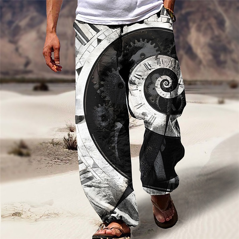 Machine Clock Casual Men's 3D Print Pants Trousers Outdoor Street Going out Polyester Black Red Khaki S M L Mid Waist Elasticity Pants3