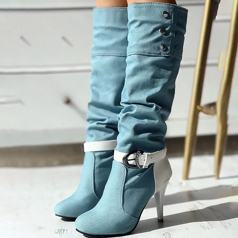 Women's Light Blue Denim Stiletto Boots – Buckle Strap High Heel Slouch Boots with White Trim for Fashion Street Style and Night Out4