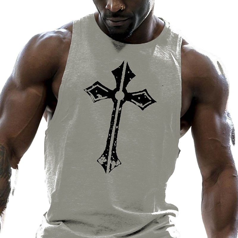 Men's Symbol Cross Tank Top Vest Top Undershirt Casual Style Classic Style Sleeveless T shirt Crew Neck Shirt Sports Big and Tall Casual Gym Black White Red Summer Clothing Apparel S M L XL XXL 3XL